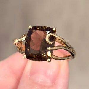 Vintage Smoky Quartz Ring: 10K Yellow Gold Filigree, Size 10.25